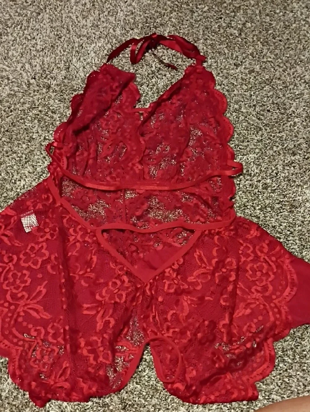 Halter Lace Trim Red Women's Teddy Romper With Open Crotch- New